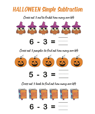 Simple Subtraction Halloween Counting Worksheet #2